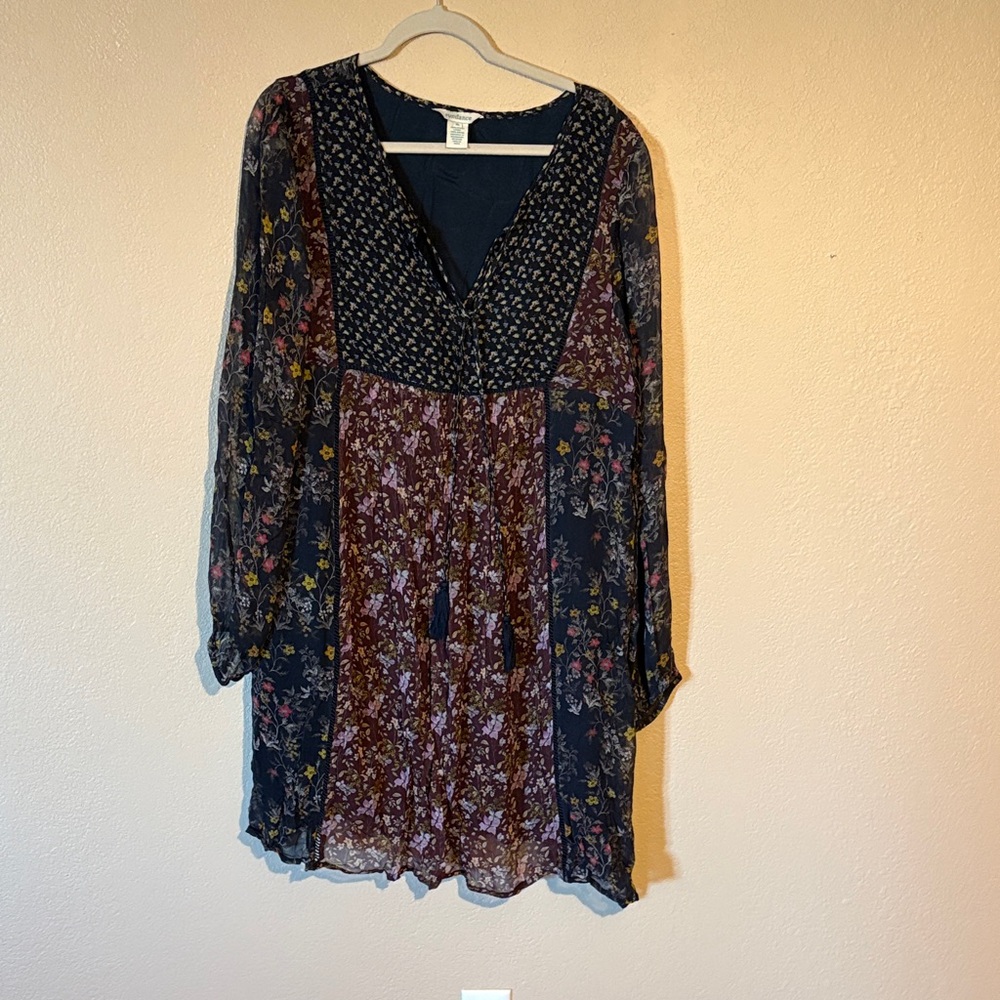 Sundance Navy and Burgundy Floral Long Sleeve Dress